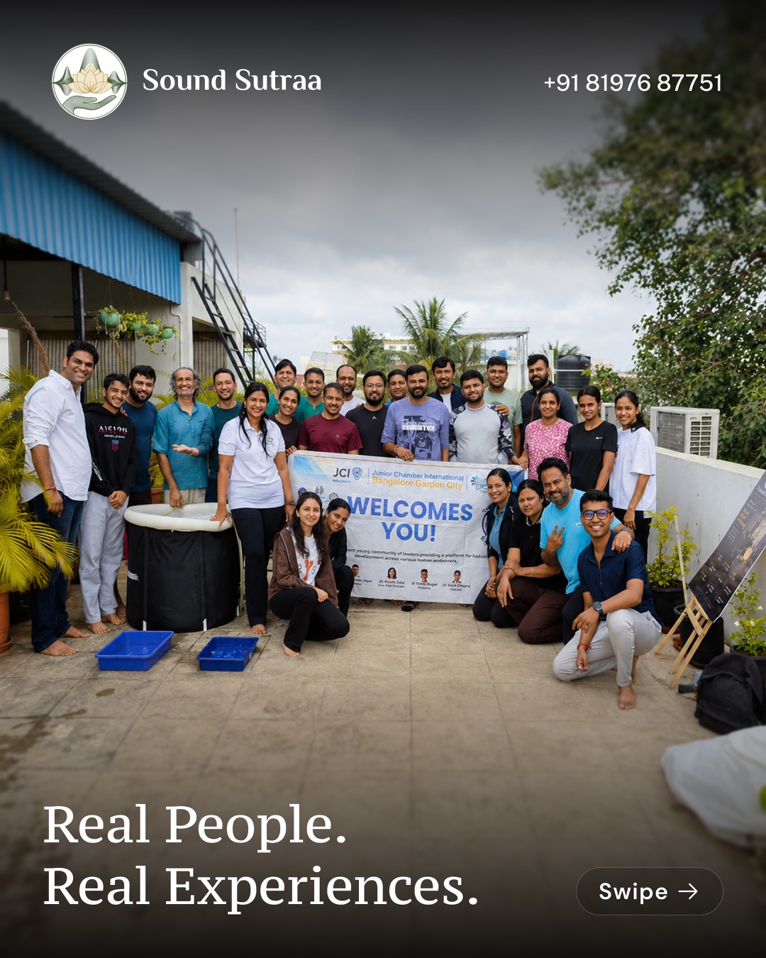 Sound Sutraa community gathering with the headline Real People. Real Experiences.